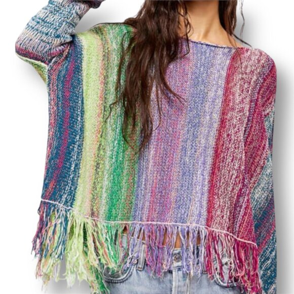 Free People Sweaters - Free People L Radiate Pullover Sweater Rainbow Fringe Striped Boho Artsy NWT